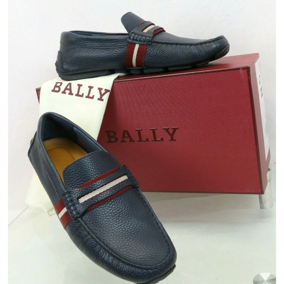 BALLY PIETRO NAVY BLUE GRAINED LEATHER WEB LOGO PENNY LOAFERS 10 D US 43 ITALY main image 11